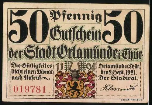 Notgeld Orlamünde 1921, 50 Pfennig, Oberes Tor und Wappen