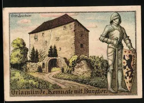 Notgeld Orlamünde 1921, 50 Pfennig, Kemnate mit Burgtor und Wappen