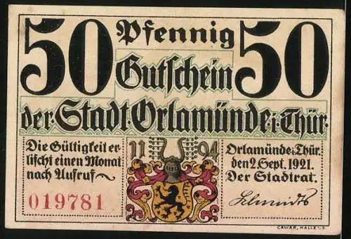 Notgeld Orlamünde 1921, 50 Pfennig, Kemnate mit Burgtor und Wappen