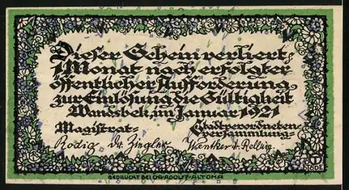 Notgeld Wandsbek 1921, 50 Pfennig, Ortspartie mit Kirche u. Wappen