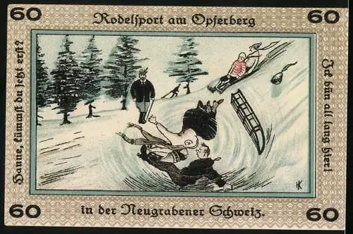 Notgeld Neugraben-Hausbruch 1921, 60 Pfennig, Rodelsport am Opferberg in der Neugrabener Schweiz