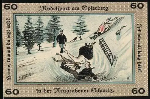 Notgeld Neugraben-Hausbruch 1921, 60 Pfennig, Rodelsport am Opferberg in der Neugrabener Schweiz