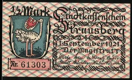 Notgeld Strausberg 1921, 1 /2 Mark, Wappen, Belagerung & Einnahme Strausbergs 1402 durch D. v. Quitzow