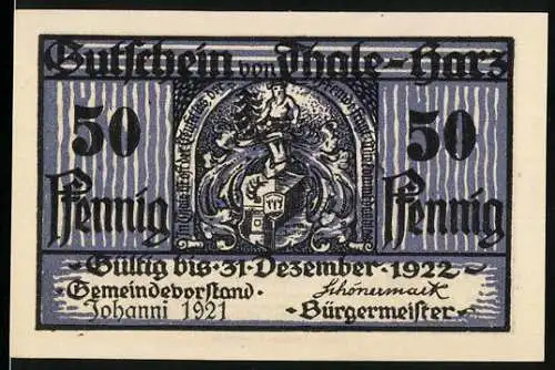 Notgeld Thale / Harz 1922, 50 Pfennig, Wappen, Teufelsmauer, Walpurgishalle mit Opferstein Heldenwalle, Teufel & Hexe