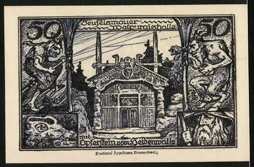 Notgeld Thale / Harz 1922, 50 Pfennig, Wappen, Teufelsmauer, Walpurgishalle mit Opferstein Heldenwalle, Teufel & Hexe