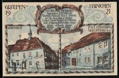 Notgeld Gräfenhainichen 1921, 10 Pfennig, Rathaus, Paul Gerhardt's Geburtshaus