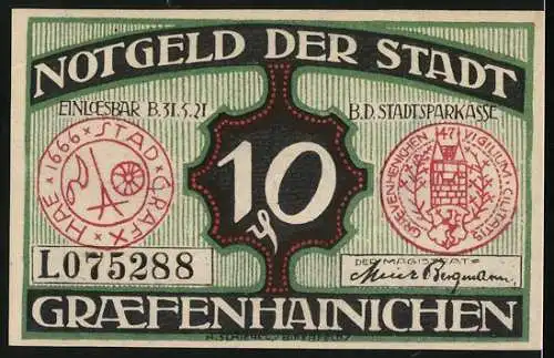 Notgeld Gräfenhainichen 1921, 10 Pfennig, Rathaus, Paul Gerhardt's Geburtshaus