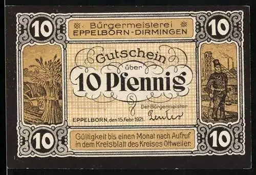 Notgeld Eppelborn 1921, 10 Pfennig, Bürgermeisterei Eppelborn-Dirmingen, Kaisereiche, Bergmann, Getreidefeld