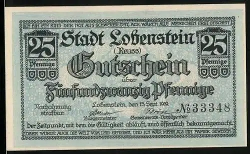 Notgeld Lobenstein 1919, 25 Pfennig, Ortsansicht mit Turm, Gedicht