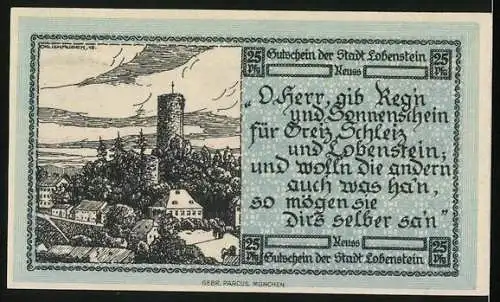 Notgeld Lobenstein 1919, 25 Pfennig, Ortsansicht mit Turm, Gedicht