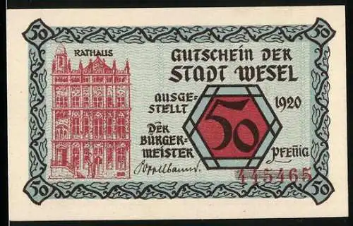 Notgeld Wesel 1920, 50 Pfennig, Wappen & Rathaus