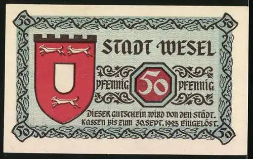 Notgeld Wesel 1920, 50 Pfennig, Wappen & Rathaus