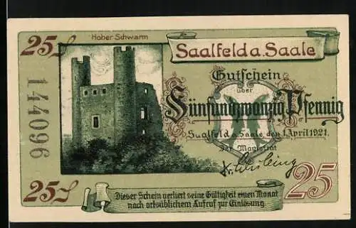 Notgeld Saalfeld a. Saale 1921, 25 Pfennig, Hoher Schwarm, Wappen, Schloss Kitzerstein