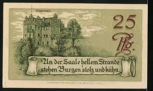 Notgeld Saalfeld a. Saale 1921, 25 Pfennig, Hoher Schwarm, Wappen, Schloss Kitzerstein