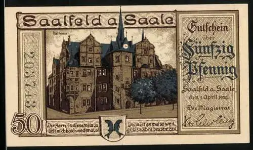 Notgeld Saalfeld a. Saale 1921, Rathaus, Wappen, Bürger an der Steuerschraube