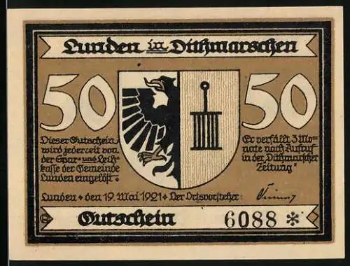 Notgeld Lunden 1921, 50 Pfennig, Wappen, Kirchturm