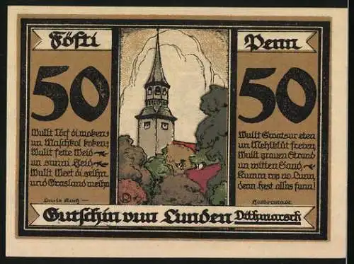 Notgeld Lunden 1921, 50 Pfennig, Wappen, Kirchturm