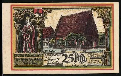 Notgeld Jüterbog 1920, 25 Pfennig, Abteihof, Abt Nicolas-Standbild, ehemalige Heilige Geist-Kapelle