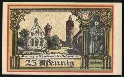 Notgeld Jüterbog 1920, 25 Pfennig, Abteihof, Abt Nicolas-Standbild, ehemalige Heilige Geist-Kapelle