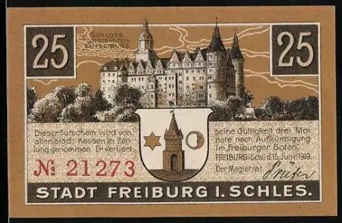 Notgeld Freiburg i. Schles. 1919, 25 Pfennig, Schloss Fürstenstein, Frau am Spinnrad, Freiburger-Uhrenfabrik