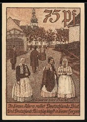 Notgeld Leobschütz 1922, 75 Pfennig, Wappen, Anwohner in alter Tracht