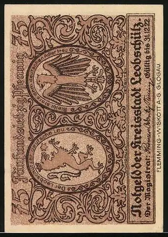 Notgeld Leobschütz 1922, 75 Pfennig, Wappen, Anwohner in alter Tracht