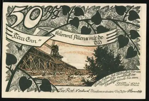Notgeld Sülze 1922, 50 Pfennig, Stadtansicht mit Kirche, Mühle