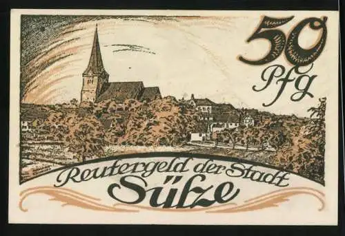 Notgeld Sülze 1922, 50 Pfennig, Stadtansicht mit Kirche, Mühle