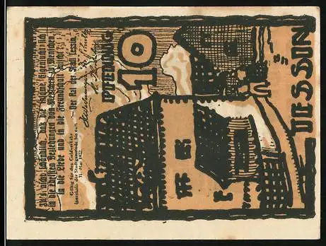 Notgeld Tessin 1922, 10 Pfennig, Stadtansicht, Bauernhäuser im Schnee