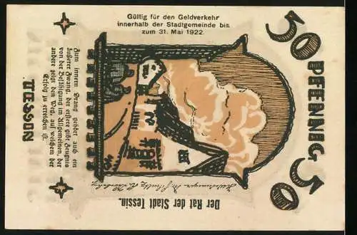 Notgeld Tessin 1922, 50 Pfennig, Landschaftsbild, Stadtansicht