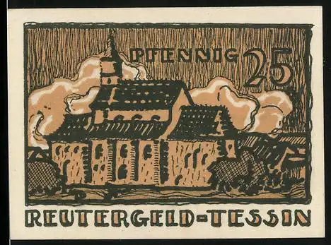 Notgeld Tessin 1922, 25 Pfennig, Gebäude, Stadtansicht mit Mühle