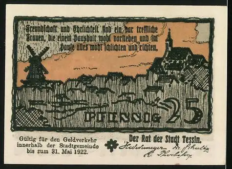 Notgeld Tessin 1922, 25 Pfennig, Gebäude, Stadtansicht mit Mühle