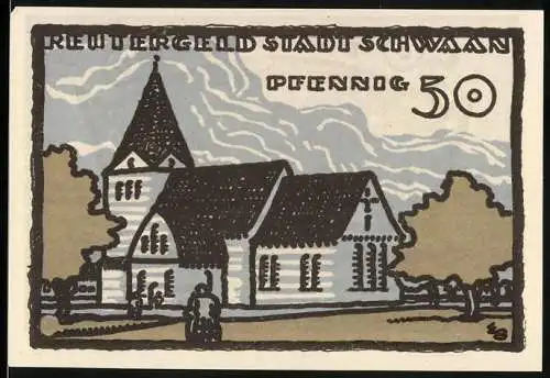 Notgeld Schwaan 1922, 50 Pfennig, Kirche, Häuser im Winterglanz