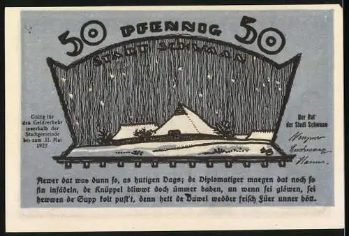 Notgeld Schwaan 1922, 50 Pfennig, Kirche, Häuser im Winterglanz