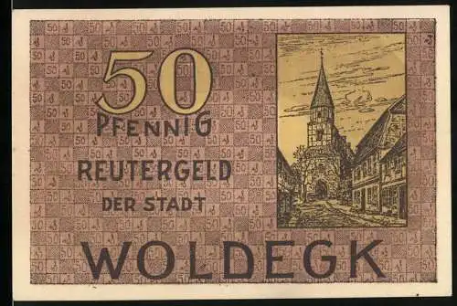 Notgeld Woldegk 1922, 50 Pfennig, Strasse mit Kirche, Stadt mit Mühle