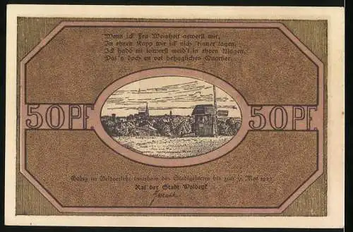 Notgeld Woldegk 1922, 50 Pfennig, Strasse mit Kirche, Stadt mit Mühle