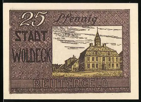 Notgeld Woldegk 1922, 25 Pfennig, Rathaus, Stadtansicht mit Turm, Vers