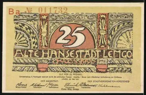 Notgeld Lemgo 1921, 25 Pfennig, Gebäudesilhouette