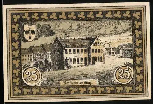 Notgeld Hohenfriedeberg, 25 Pfennig, Protest. Kirche, Rathaus mit Ring, Wappen