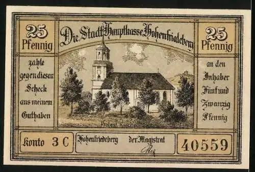 Notgeld Hohenfriedeberg, 25 Pfennig, Protest. Kirche, Rathaus mit Ring, Wappen