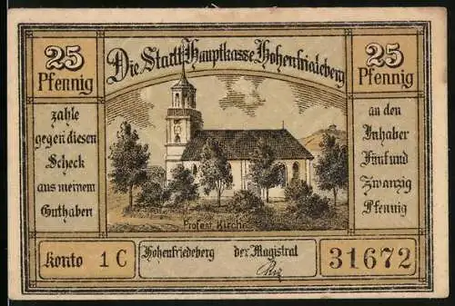 Notgeld Hohenfriedeberg, 25 Pfennig, Protest. Kirche, Stadtpanorama