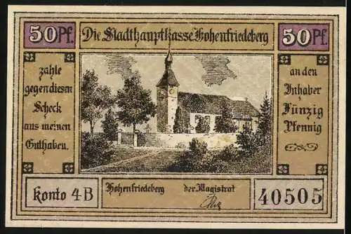 Notgeld Hohenfriedeberg, 50 Pfennig, Schlachtszene 1745, Protest. Kirche