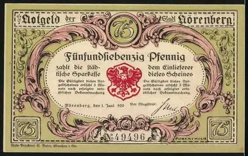 Notgeld Nörenberg 1920, 75 Pfennig, angeketterter Hummer blickt auf den Ort