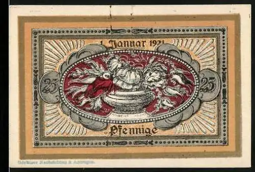 Notgeld Nörenberg 1921, 25 Pfennig, Blumenschale, Wappen