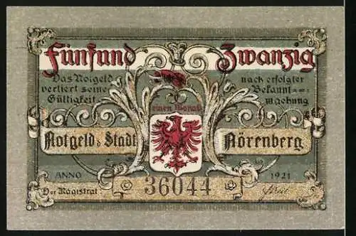 Notgeld Nörenberg 1921, 25 Pfennig, Blumenschale, Wappen