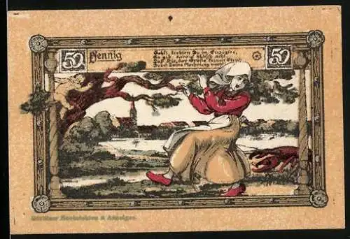 Notgeld Nörenberg 1921, 50 Pfennig, Wappen, Frau flieht vor einem grossen Krebs