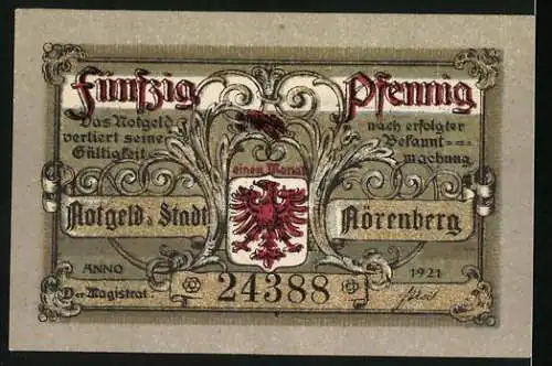 Notgeld Nörenberg 1921, 50 Pfennig, Wappen, Frau flieht vor einem grossen Krebs