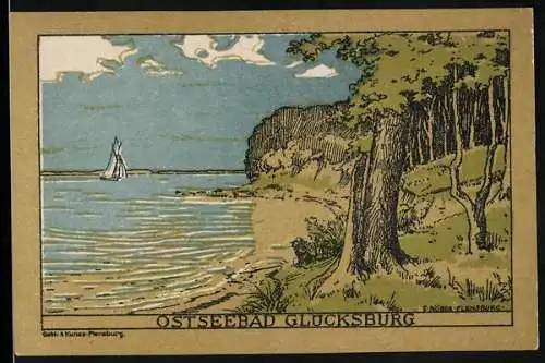 Notgeld Glücksburg 1920, 50 Pfennig, Strandidylle an der Ostsee, Wappen