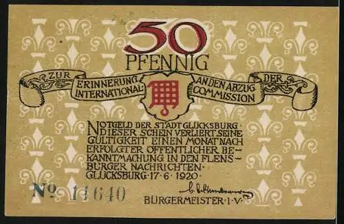 Notgeld Glücksburg 1920, 50 Pfennig, Strandidylle an der Ostsee, Wappen