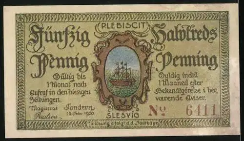 Notgeld Tondern 1920, 50 Pfennig, Rinderbauer auf der Weide, Segelschiff